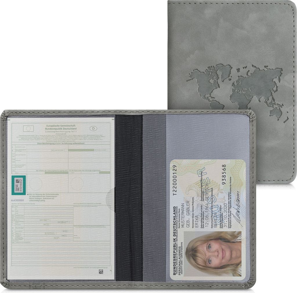 kwmobile Fahrzeugschein Hülle mit Kartenfächern - Kunstleder Etui Tasche Zulassungsbescheinigung - Travel Umriss Grau