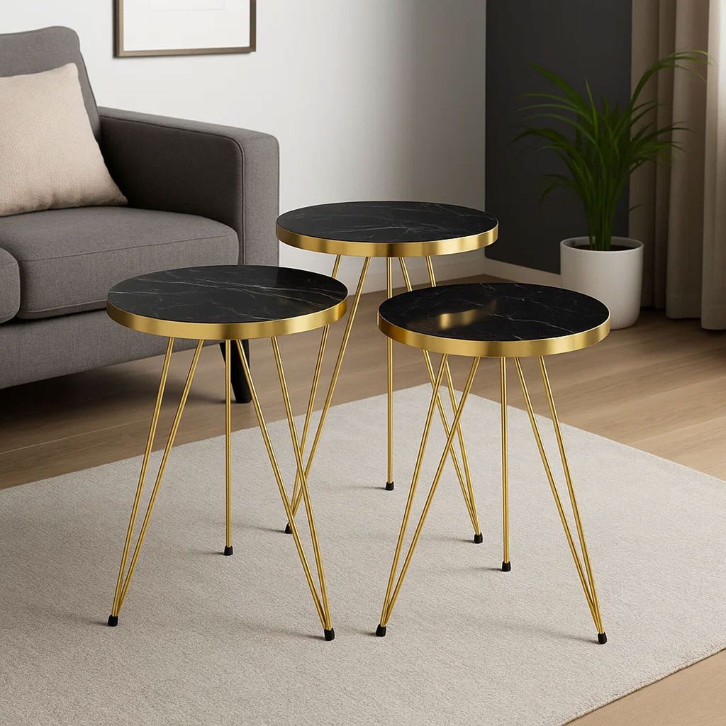 3er Beistelltisch Set Schwarz Marmoroptik Gold Metallgestell Wohnzimmertisch Couchtisch Retro Design Ablagetisch Rund