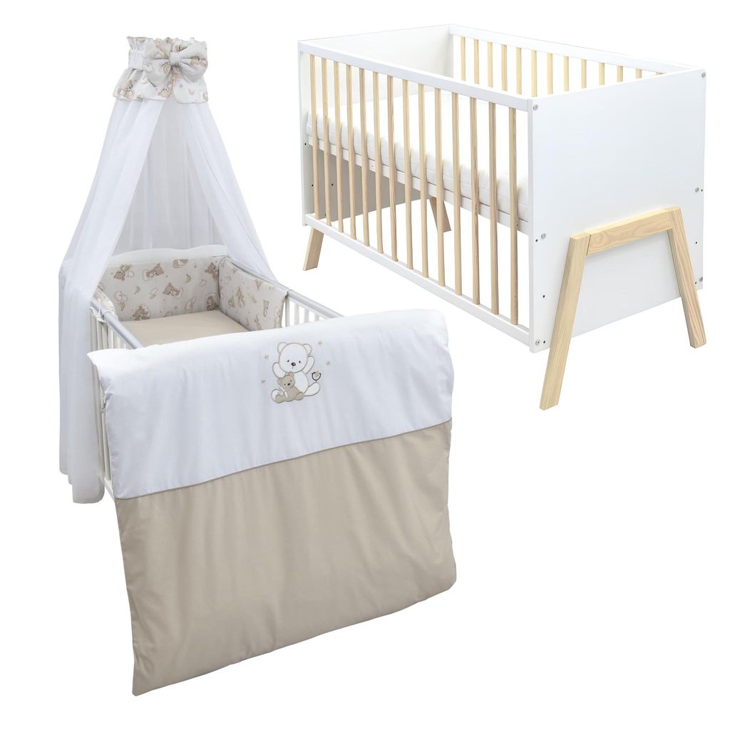 Babybett Kinderbett Gitterbett Juna 60x120 Weiß Schutzgitter Matratze Bettwäsche Set 10tlg Bärchen Beige