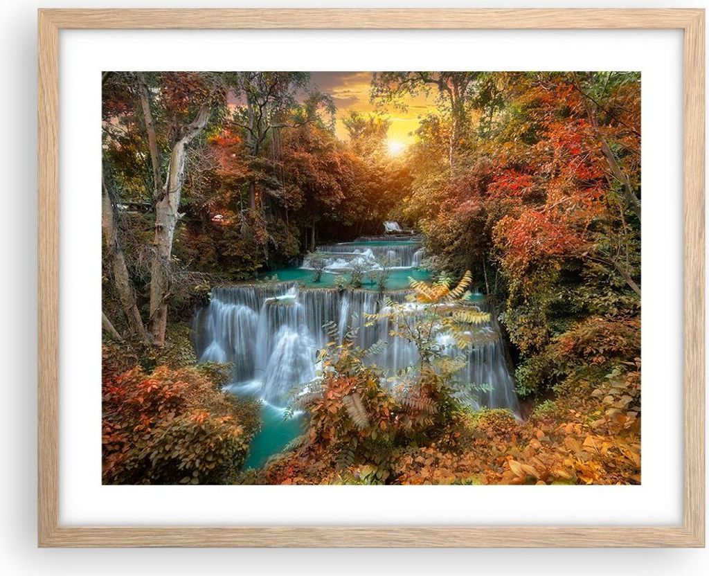 Gerahmtes Poster - Rahmen in heller Eiche - Park Wasserfall Wasser - 50x40 cm - Wand Bild - Wanddeko - Wandbilder - Wandposter - Bilderrahmen - Bil...
