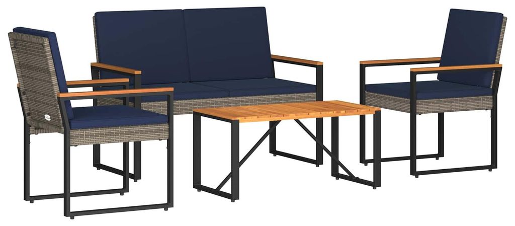 Gartenmöbel Set 4 pcs Grau und Marineblau Poly-Rattan