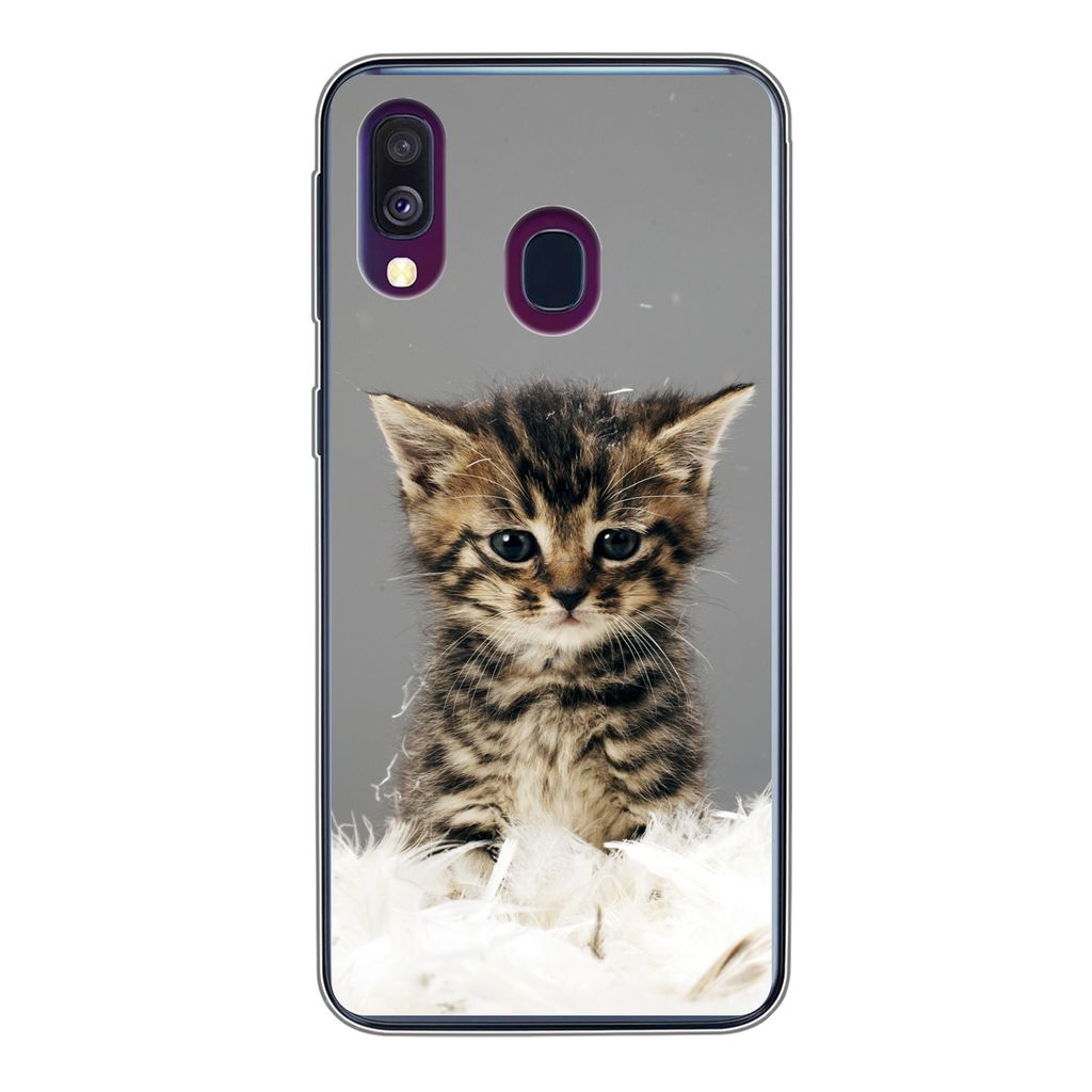 MuchoWow Handyhülle Schutzhülle Hülle für Samsung Galaxy A40 Katze - Kätzchen - Federn Silikon Softcase Handy Hülle - Handy-Tasche