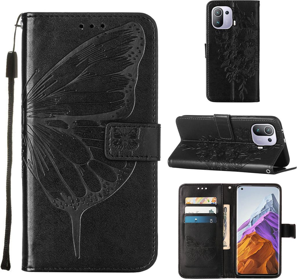Xiaomi Mi 11 Pro Hülle, Schmetterling Prägung Flip Leder Kartenfächer Schutzhülle Ledertasche mit Ständer für Xiaomi Mi 11 Pro Schwarz
