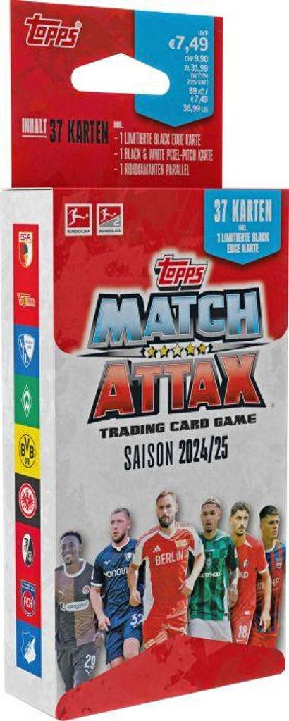 A product box for Topps Match Attax Bundesliga 2024 trading cards, featuring images of several soccer players.