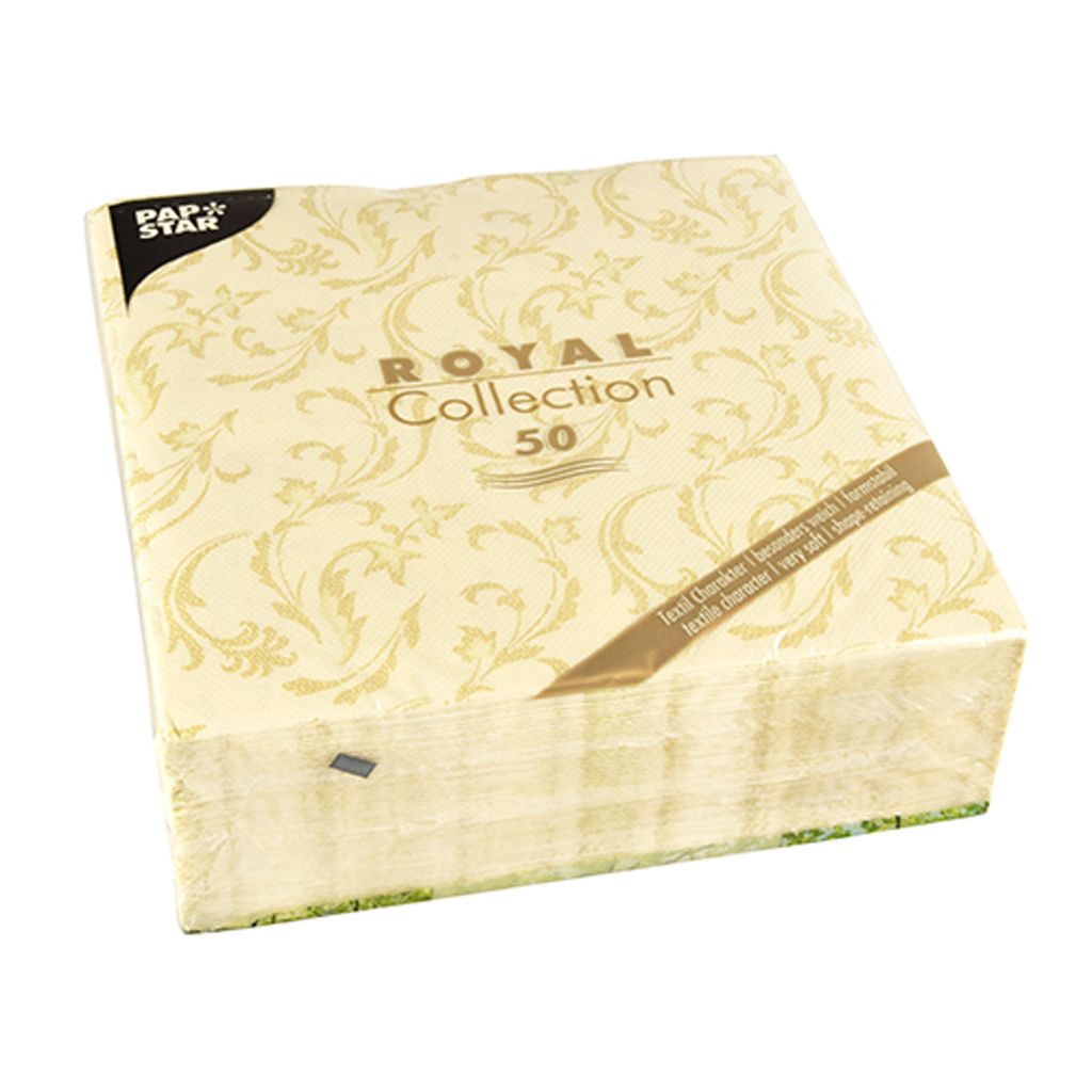 A stack of champagne-colored napkins with a damask pattern.