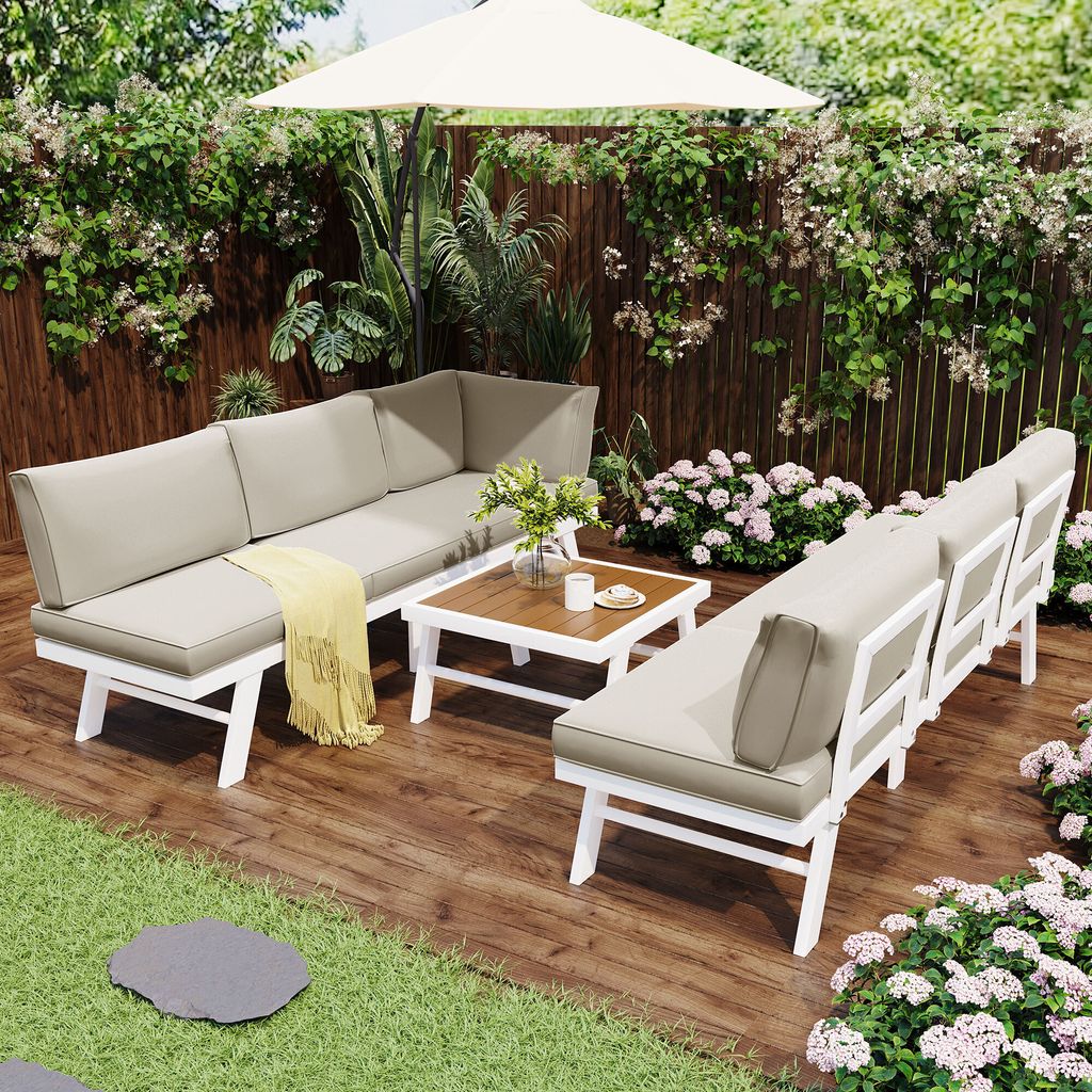 Spielzeug-Gartenset Garten-Lounge-Set aus Aluminium Schutzfüßen Loungeset, für 5-6 Personen 2 Ecksofas, 1 Tisch, inklusive Kissen