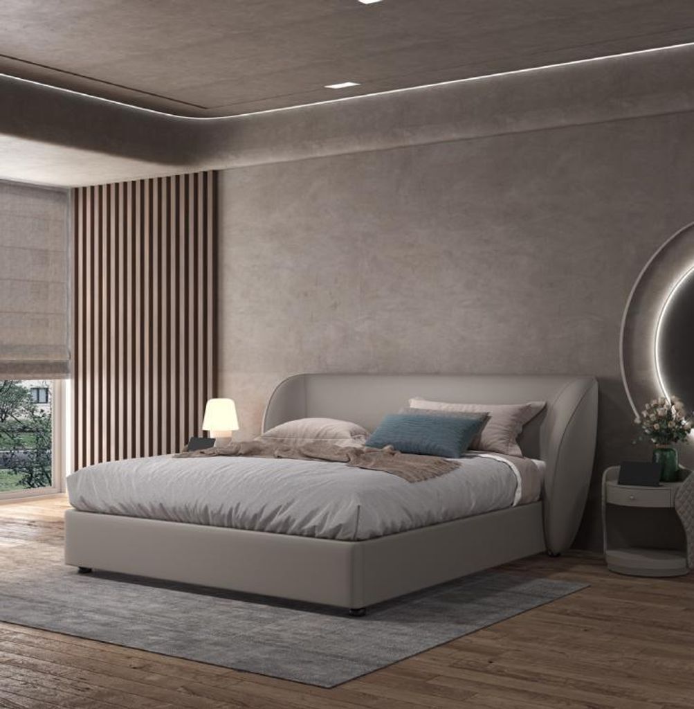 Graues Designer Schlafzimmer Doppelbett Textilbetten Holz Lederbetten