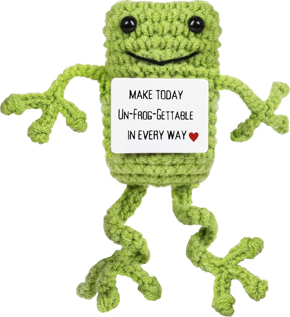 Positive gehäkelte Froschpuppe mit ermutigender Karte, emotionale Unterstützung, handgefertigt, gestrickt, Tierdekoration, Ornament, Stressabbau-...