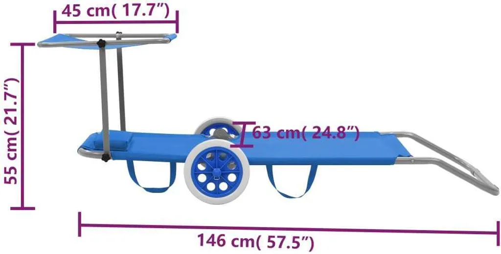 Bain de soleil pliant avec roues et toit pare-soleil - Structure Acier - 6