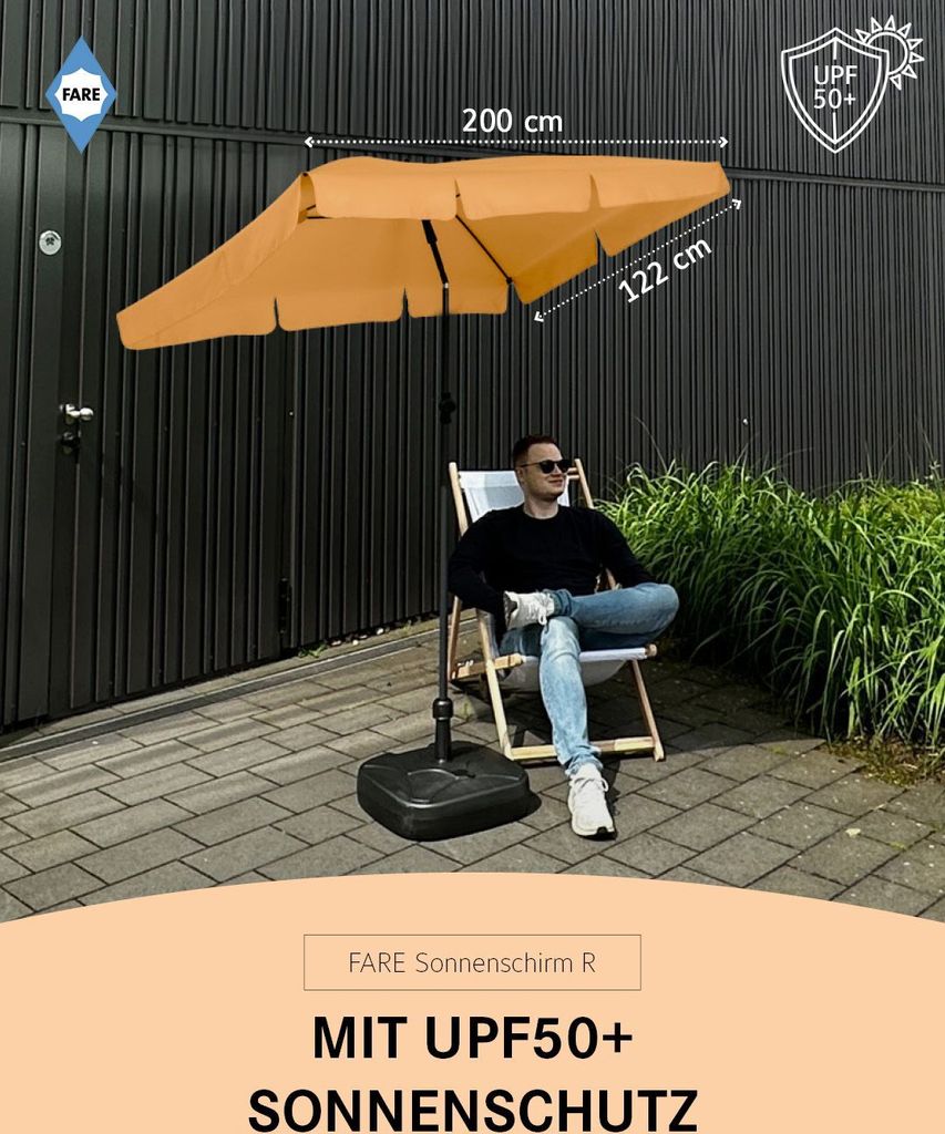 FARE Sonnenschirm XL Höhenverstellbar Knickvorrichtung Lichtschutzfaktor UPF 50+ 235cm, Farbe:Aprikose