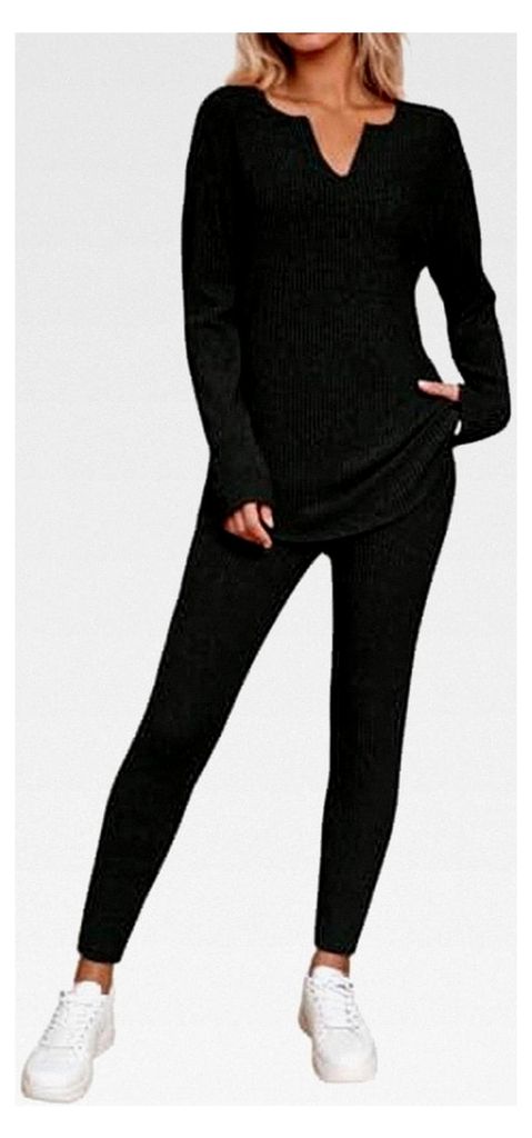 Damen Strickanzug Set Rippenstrick Freizeitanzug Bequemer Schlafanzug Locker Loungewear Casual Homewear Frühling Herbst Zweiteiler Sleepwear Freiz...