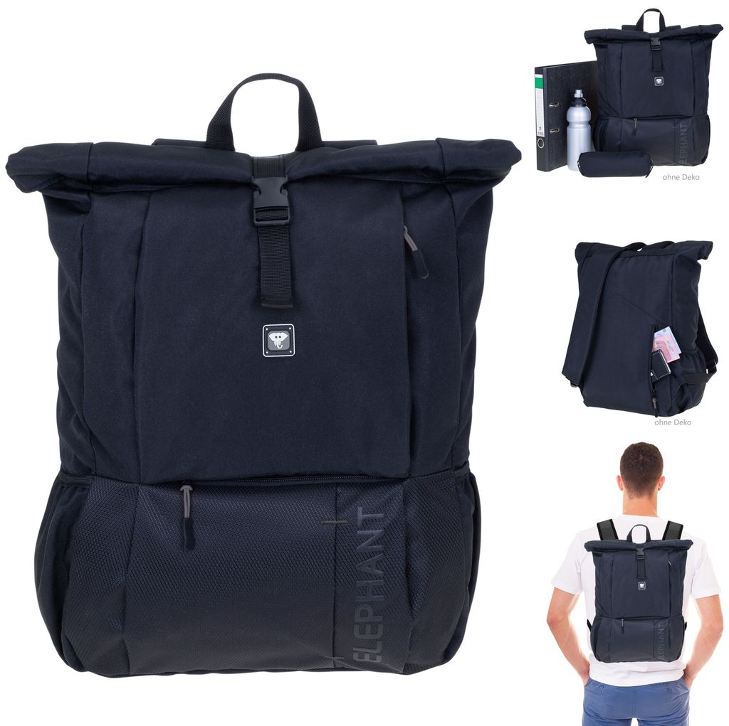 ELEPHANT Rucksack Laptoprucksack Laptop Daypack Büro Reise Handgepäck DIN A4 Geheimfach Kurierrucksack Rolltop Bag Dark 3626 Schwarz GRAU + Flasche