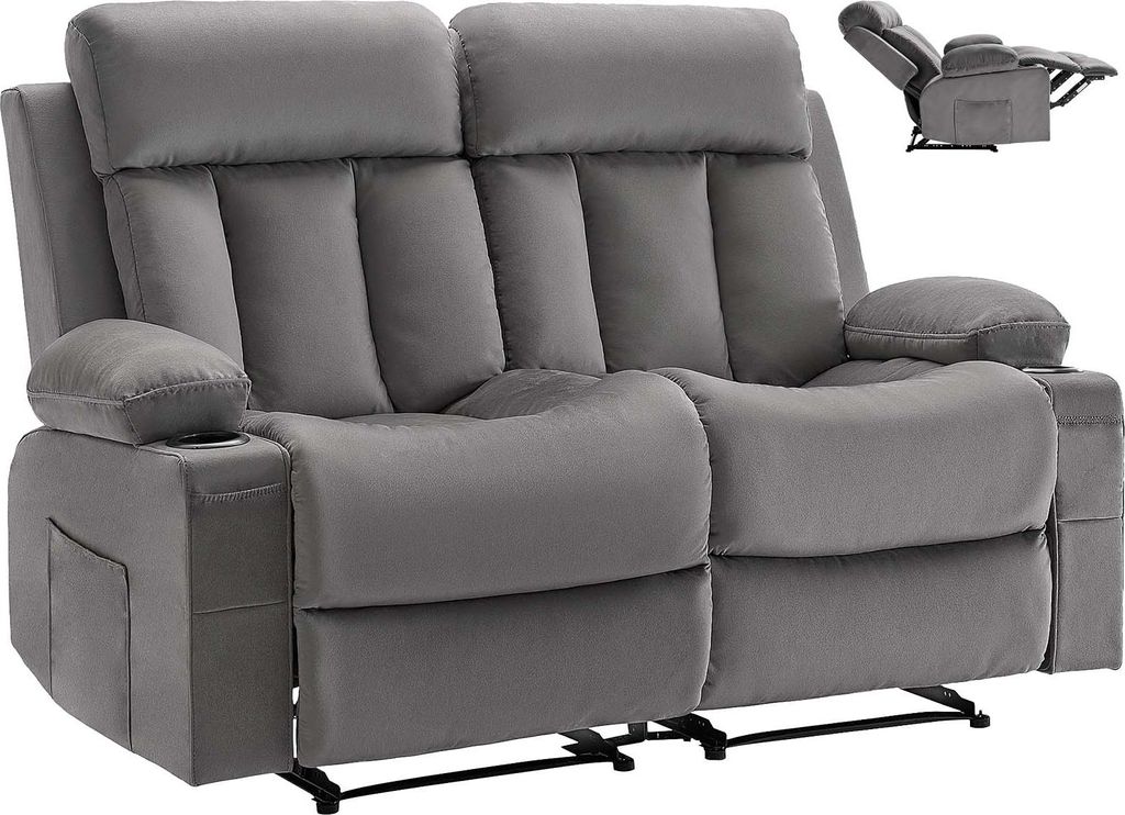 A gray loveseat recliner is shown from the front.