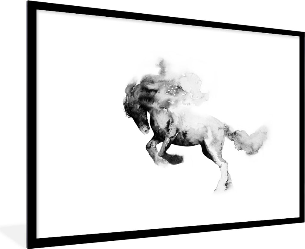 MuchoWow Gerahmtes Poster Gemälde - Pferd - Tiere - Ölfarbe - Schwarz - Weiß 90x60 cm - Poster mit Schwarzem Bilderrahmen Wandposter Rahmen Fo...