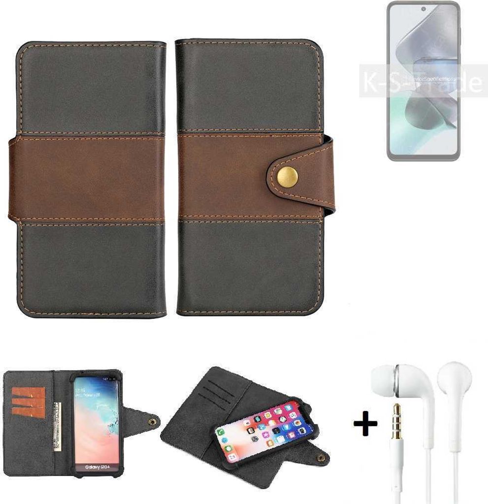 K-S-Trade Handyhülle Schutzhülle Bookstyle Wallet-Case kompatibel mit Motorola Moto G23 + earphones Bumper rundumschutz schwarz-braun 1x
