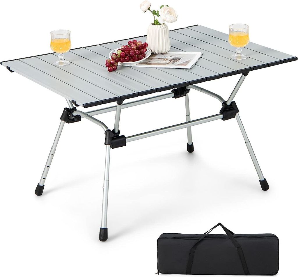 COSTWAY Campingtisch faltbar höhenverstellbar, Klapptisch mit aufrollbarer Alu-Tischplatte & Tragetasche, Gartentisch 90x60,5x52cm Silber