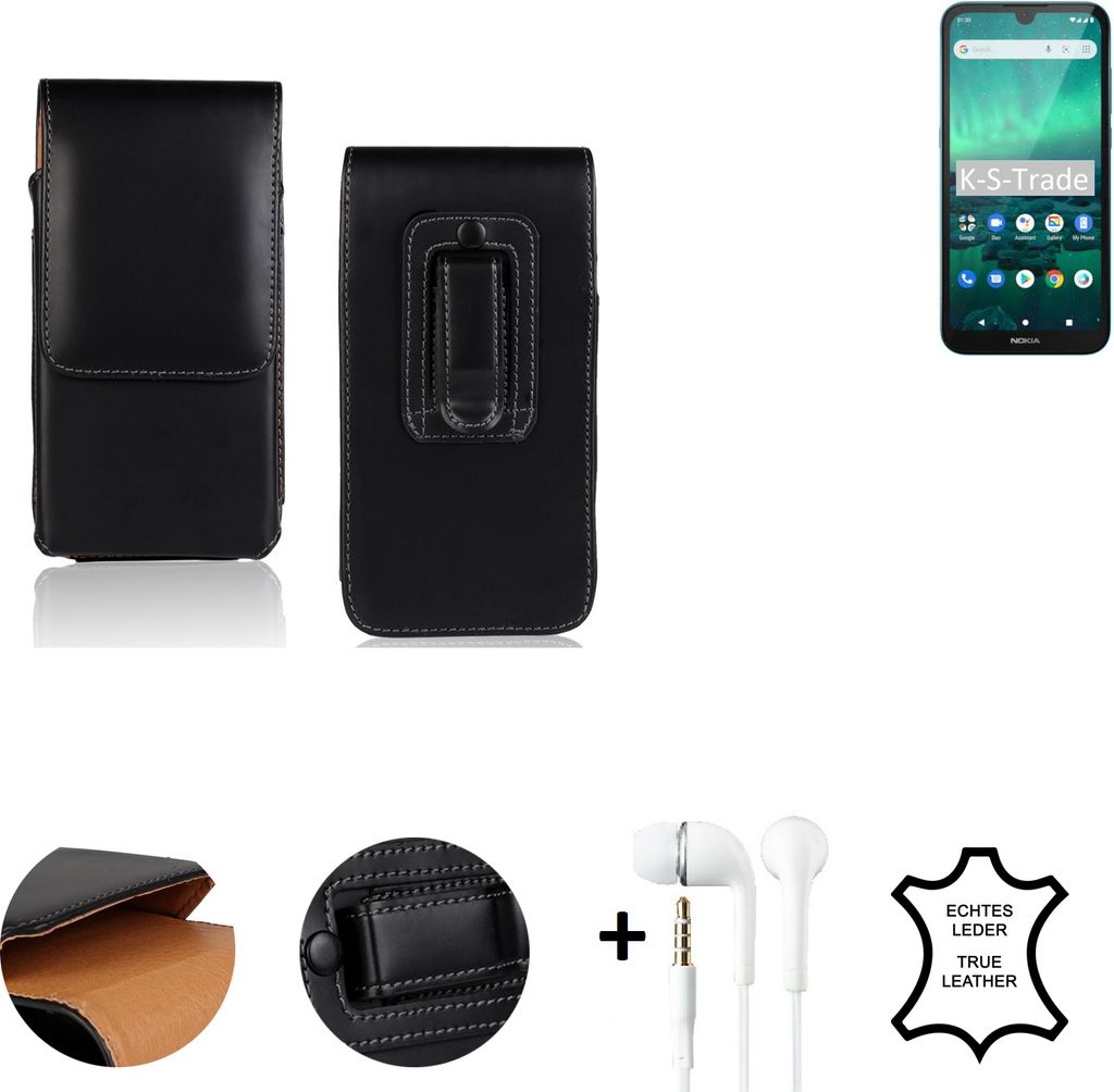 K-S-Trade Leder Gürtel Tasche + Kopfhörer kompatibel mit Nokia 1.3 Seitentasche Belt pouch Holster Handy-Hülle Gürteltasche Schutz-Hülle Etui
