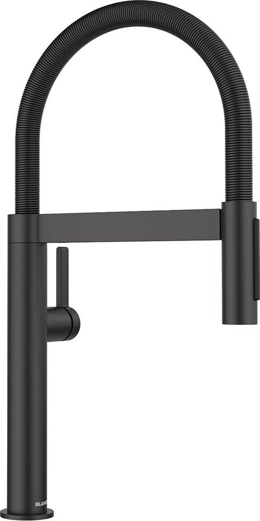 A black kitchen faucet with a flexible hose.