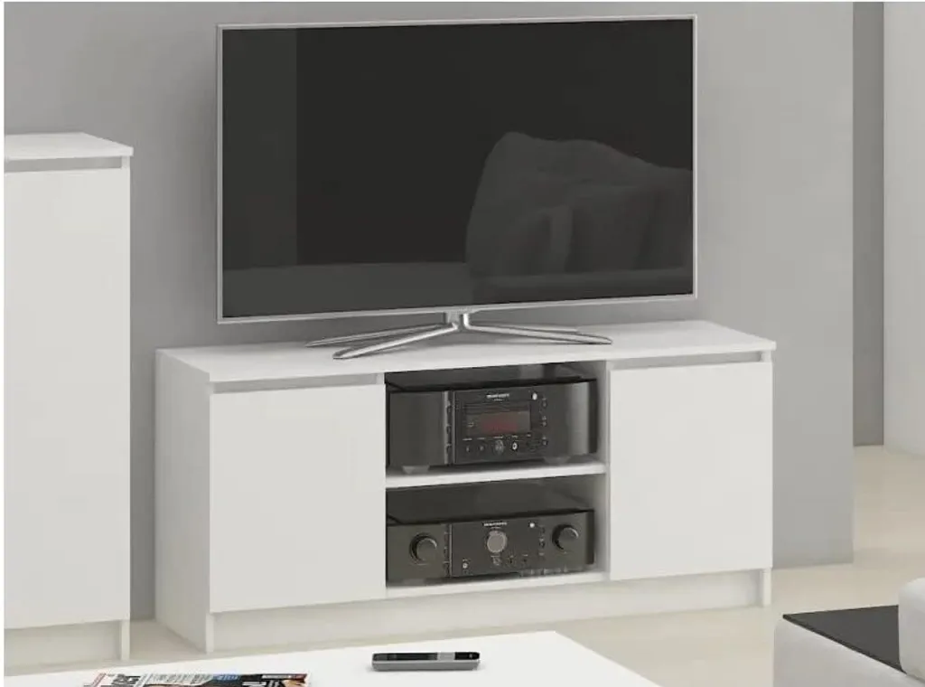 Banc TV Blanc 120 cm - Commode Basse et Meuble de Rangement Multimédia - 4