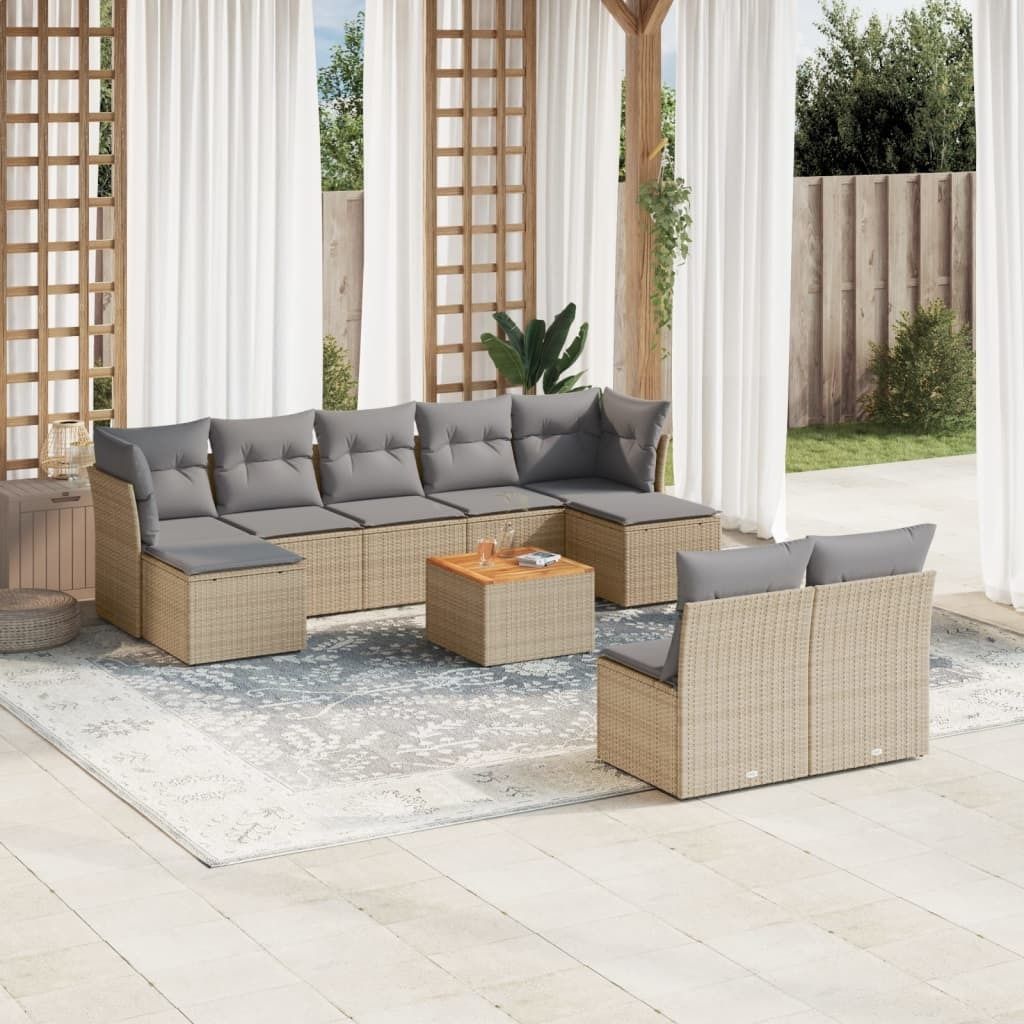Design 10-tlg. Garten-Sofagarnitur mit Kissen Beige Poly Produktbild 
