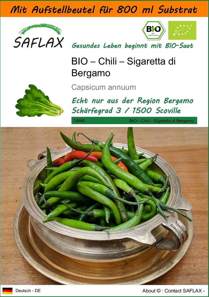 SAFLAX Garden in the bag - BIO – Chili – Sigaretta di Bergamo - Capsicum annuum - 10 Samen - Mit Anzuchtsubstrat im praktischen, selbst aufstel...