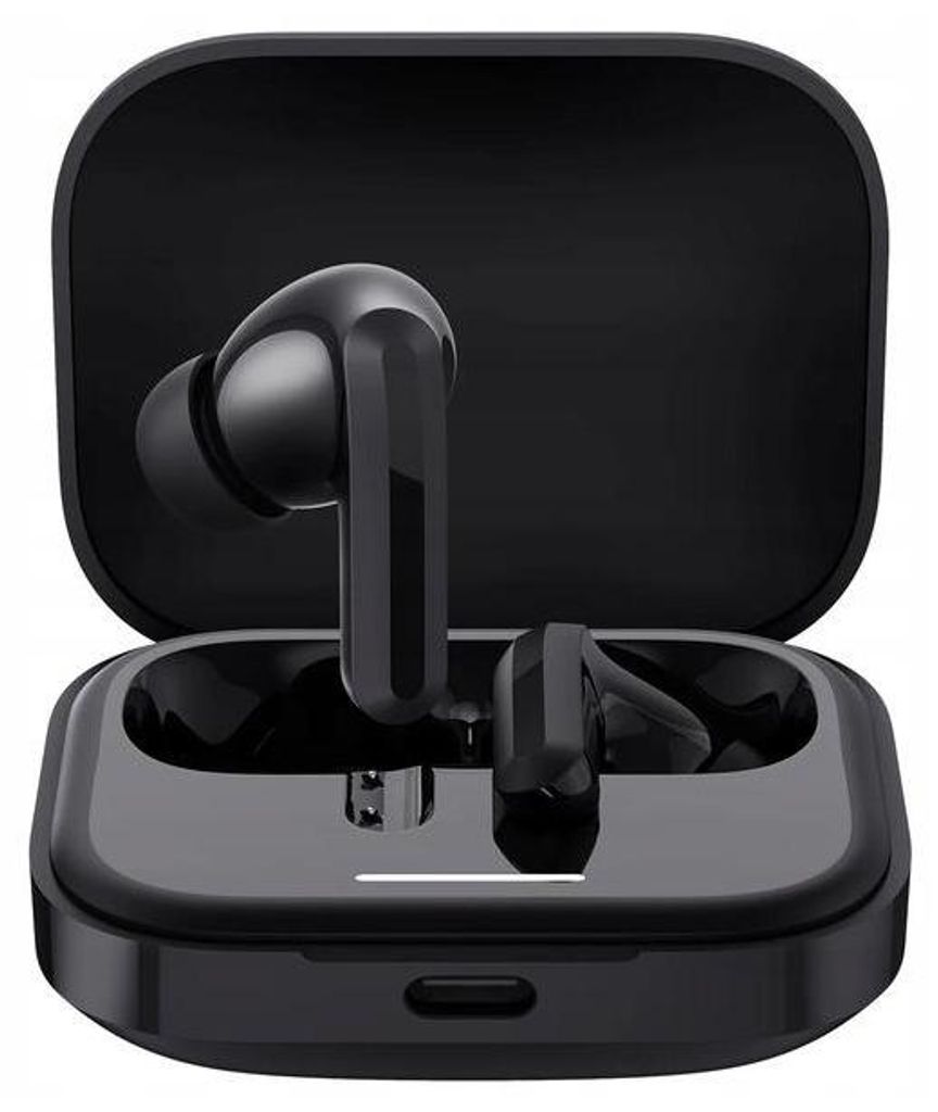 A pair of black wireless earbuds in their open charging case.