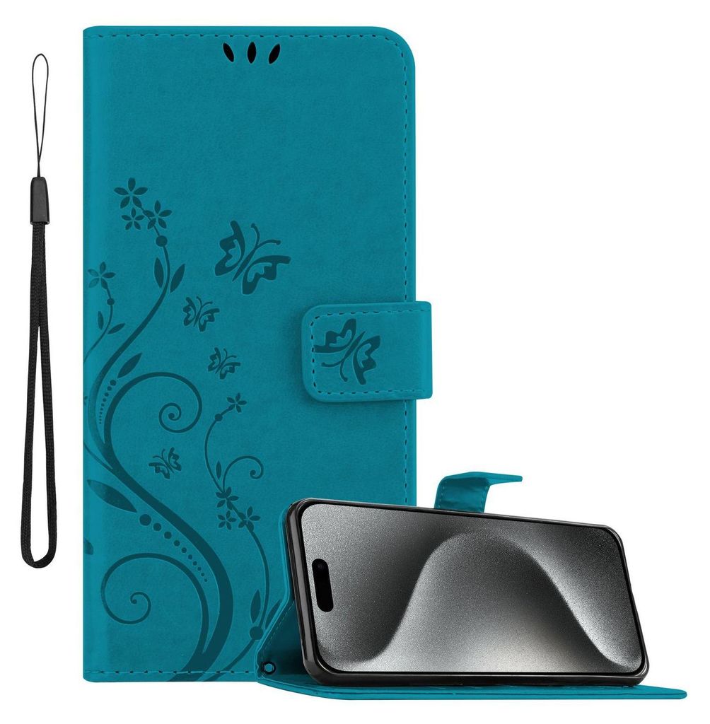Cadorabo Hülle für Apple iPhone 16 PRO in FLORAL BLAU Schutzhülle im Blumen Design mit Magnetverschluss, Standfunktion und Kartenfächern Flip C...