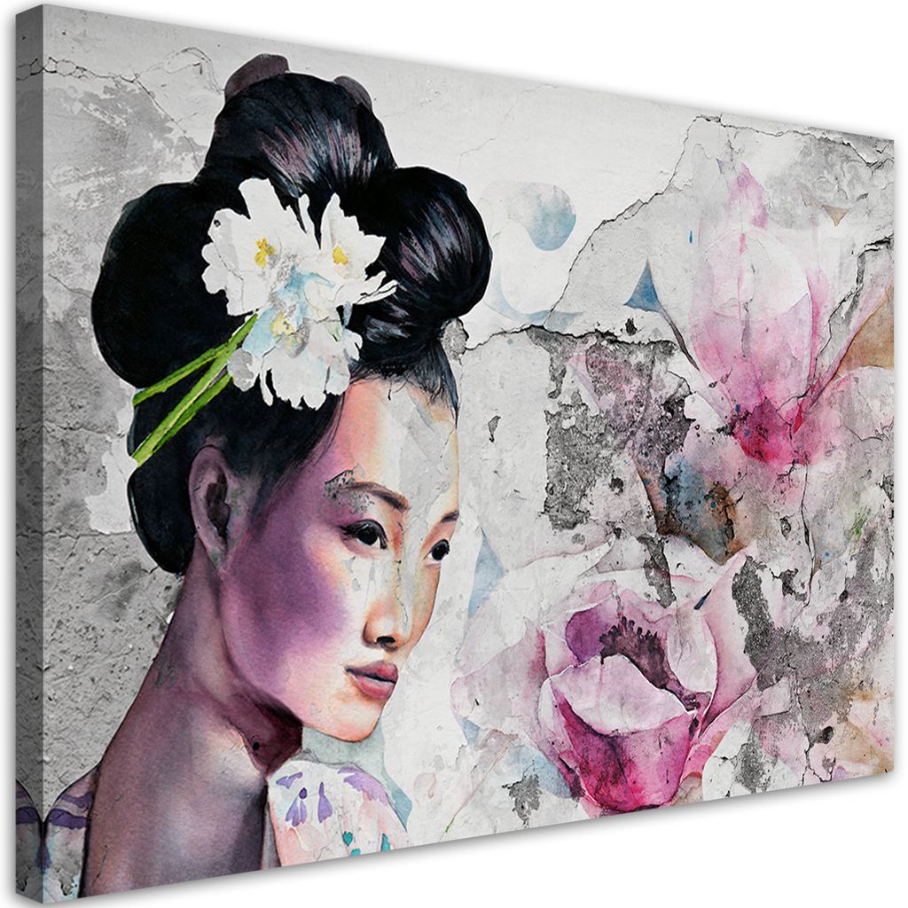 Leinwandbild Porträt einer Geisha auf einer alten Mauer 90x60 Feeby Rosa bild für die wand bereit zum aufhängen