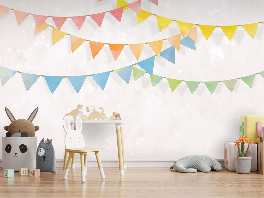 Vlies Fototapete bunte Wimpelkette 400x280 cm Tapeten Wandtapete XXL Wimpel Banner Party Girlande Abstrakt e-A-10057-a-a