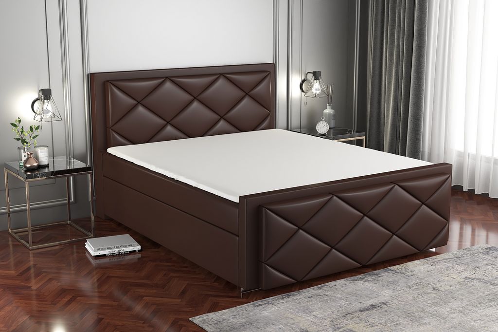 Boxspringbett SAXI 200 x 200 mit 2 Bettkästen, Bonell-Matratze und Topper. Farbe: Dunkelbraun