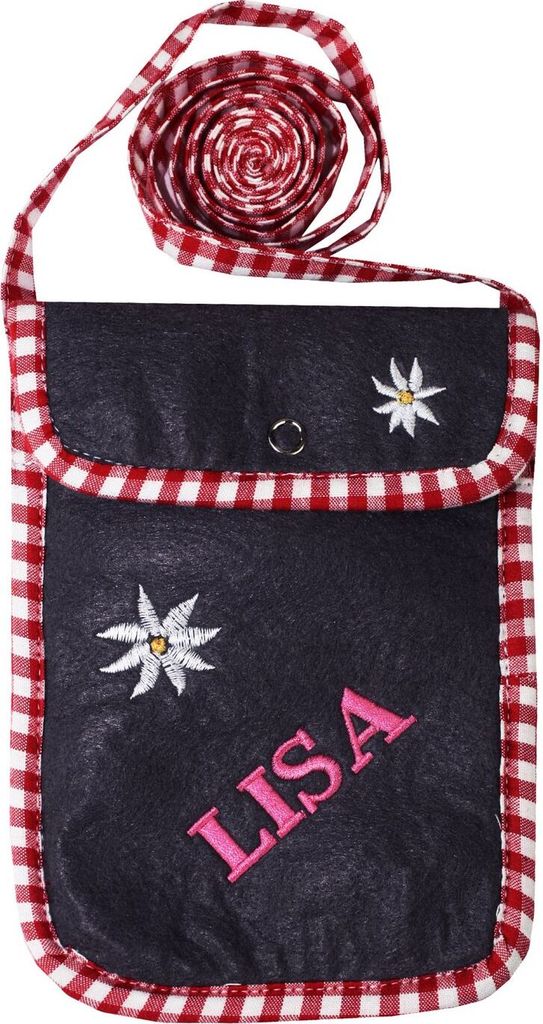 Trendige Filz Trachtentasche Handytasche für Groß und Klein - mit Wunschstickerei, Farbe:Schwarz/Rot