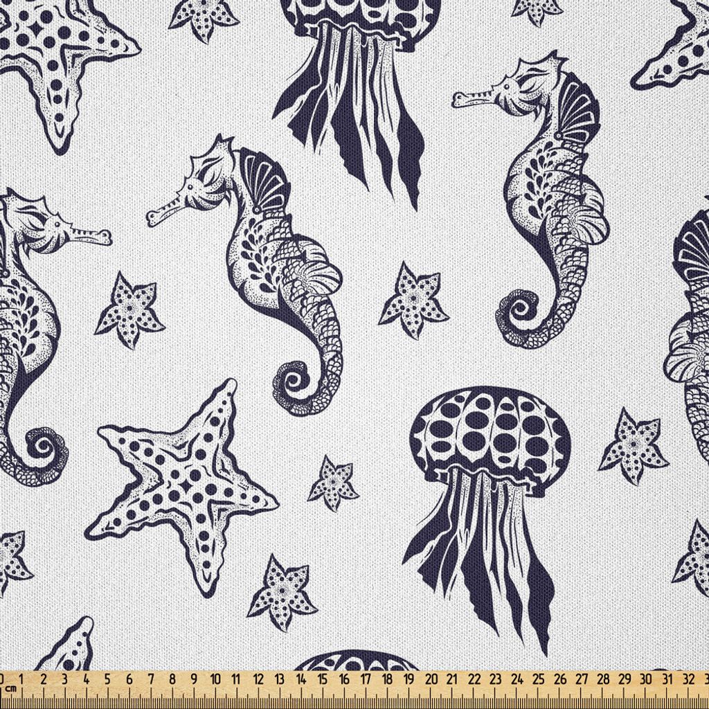 ABAKUHAUS Seahorse Microfaser Stoff als Meterware , Stich-Art-tropisches Unterwassertier-Muster mit Starfish Seahorse, 3 M (230 x 300 cm), Indigo u...