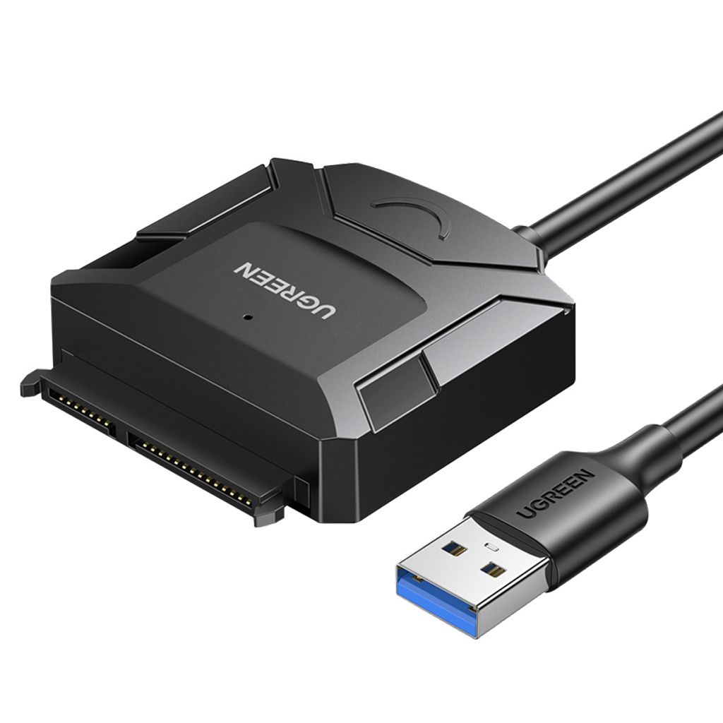 A black Ugreen HDD/SSD adapter with a USB 3.0 cable on a white background.