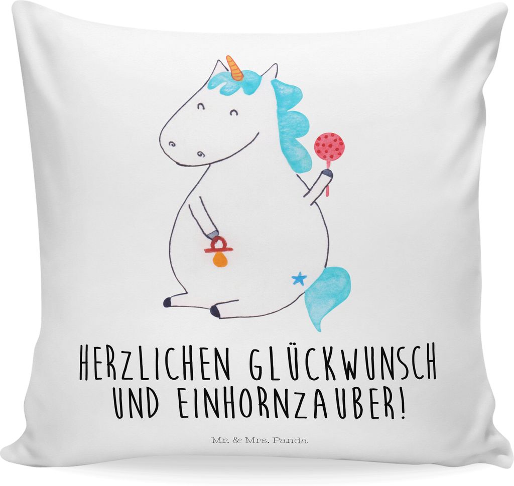 Mr. & Mrs. Panda Dekokissen Einhorn Baby - Weiß - Geschenk, Eltern, kissen bedruckt, 40x40, Einhörner, Sofakissen, Geburtstag, Unicorn, Deko, fü...