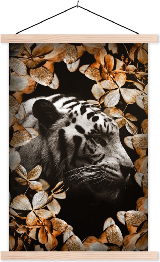MuchoWow Textilposter Tiger - Zebra - Blätter 120x180 cm mit holzfarbenen Rahmen - Textil-Plakat