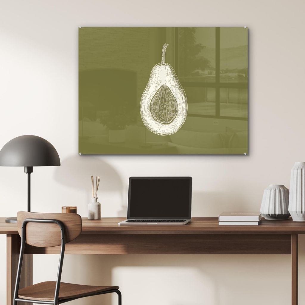 MuchoWow Glasbilder - Bilder auf Wandbild - Foto auf Glas Avocado - Minimalistisch - Illustration - Grün 80x60 cm Wanddekoration aus Glas - Acrylg...