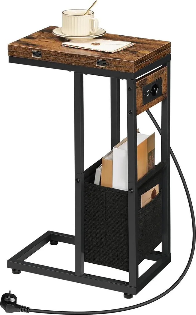 Table d'appoint en C avec station de recharge USB et sac en tissu noir