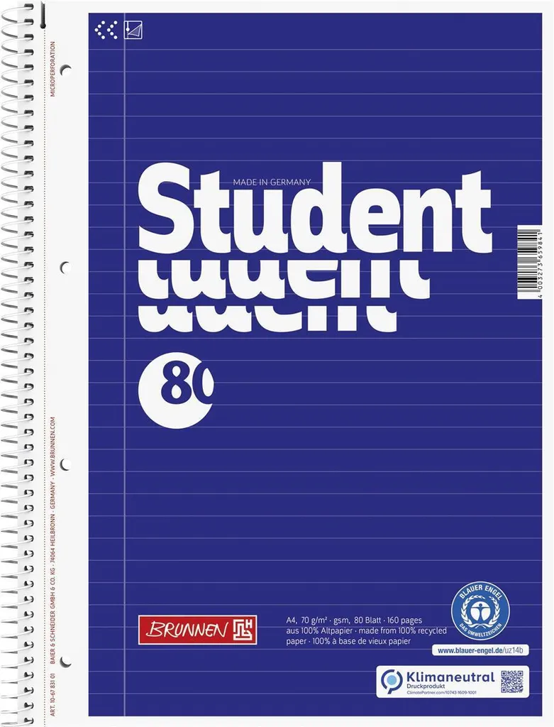 Bloc de cours A4 ligné Brunnen 106783101 papier 70g pour étudiant