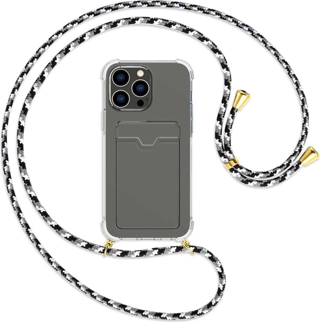 Handykette Backcover-Schutzhülle mit Band (Metall goldfarben) für Apple iPhone 14 Pro Max (6.7'') - schwarz/grau/weiß