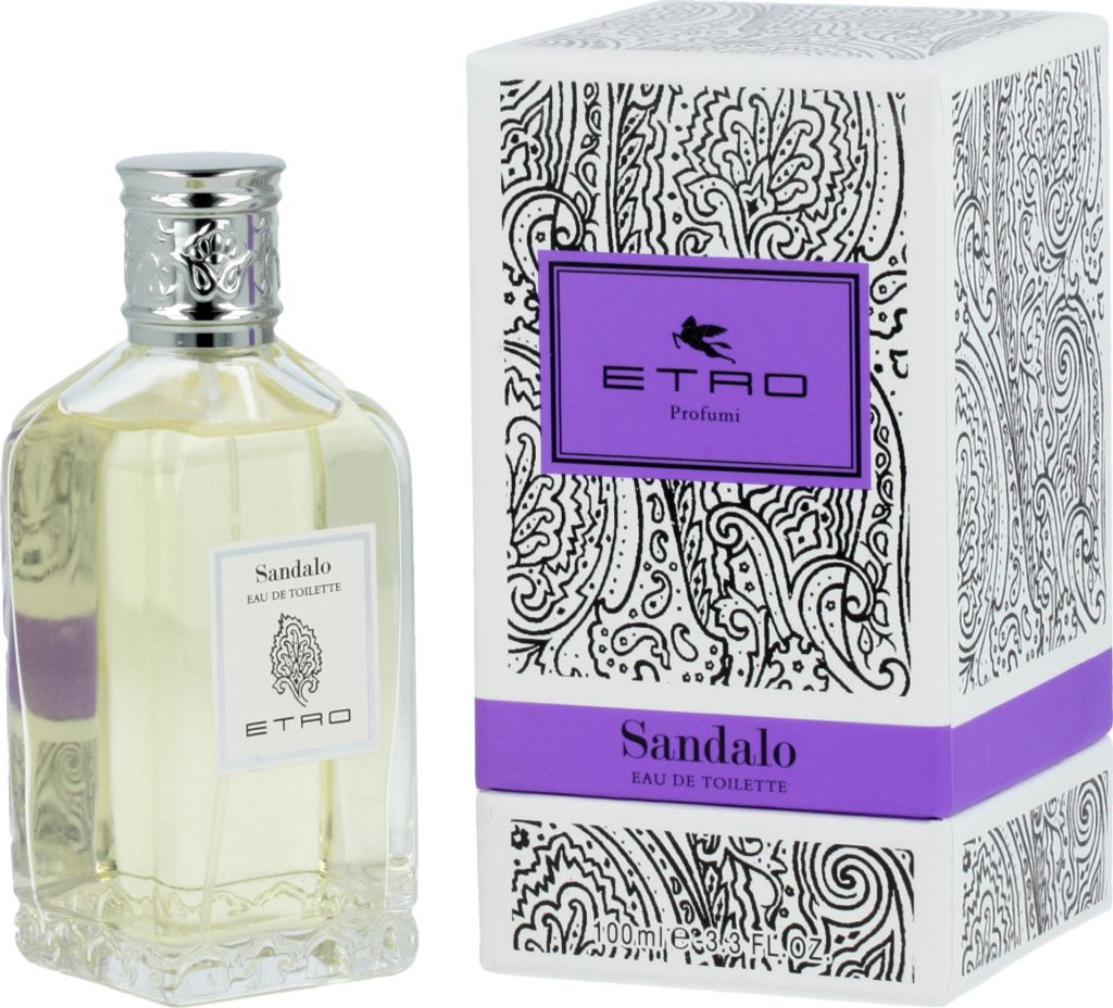 A bottle of Etro Sandalo Eau de Toilette and its packaging are displayed side-by-side against a white background.