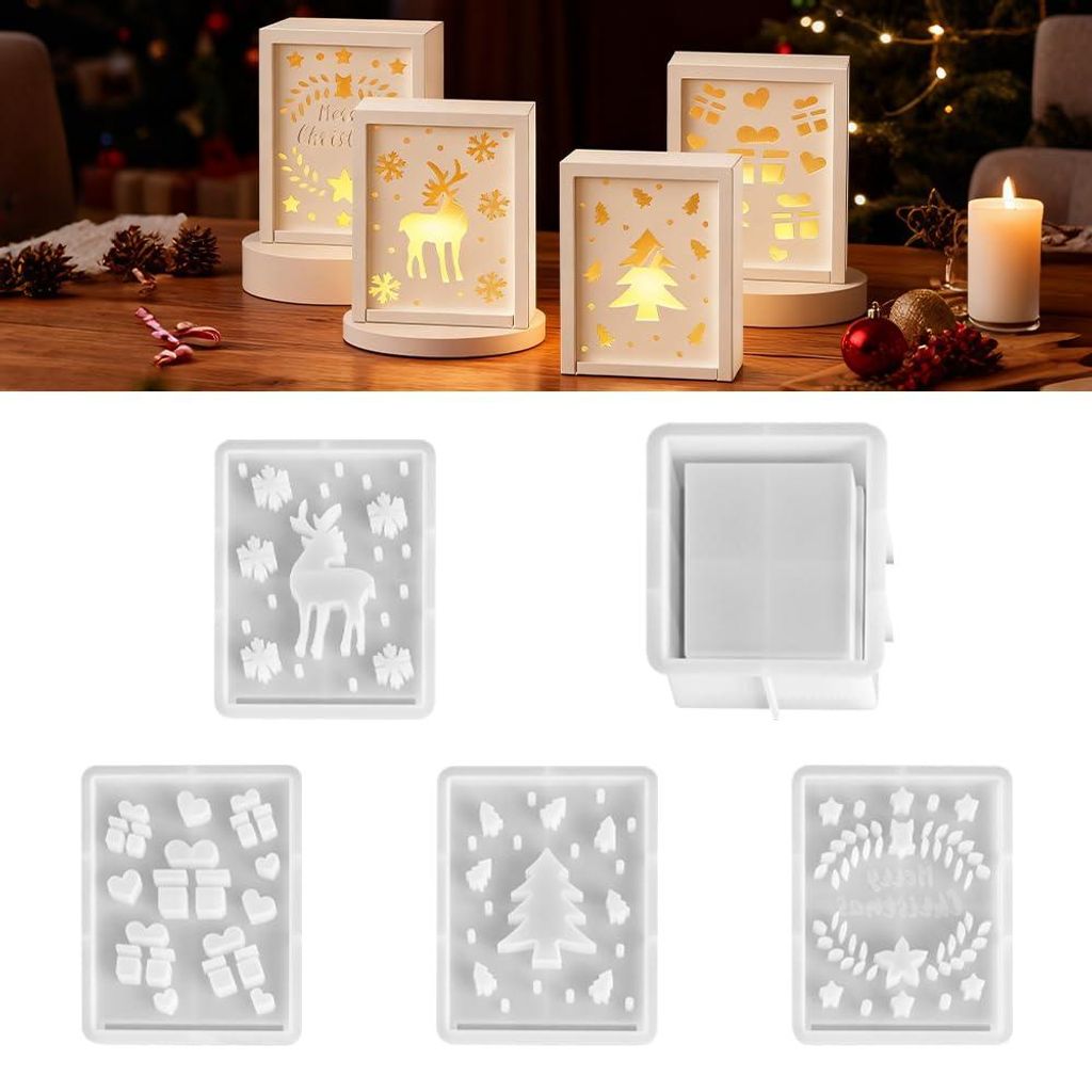 Silikonformen, Gießformen, Weihnachtsmotiv, 5-teilig, Geschenkbox, Kerzenform, Kleiderbügel, Schneeflocke, Weihnachtsbaum, Rentier