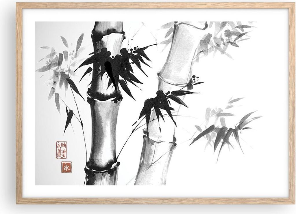 Gerahmtes Poster - Rahmen in heller Eiche - Asiatisch Aquarell Bambus - 70x50 cm - Wand Bild - Wanddeko - Wandbilder - Kunstposter - Wandposter - B...