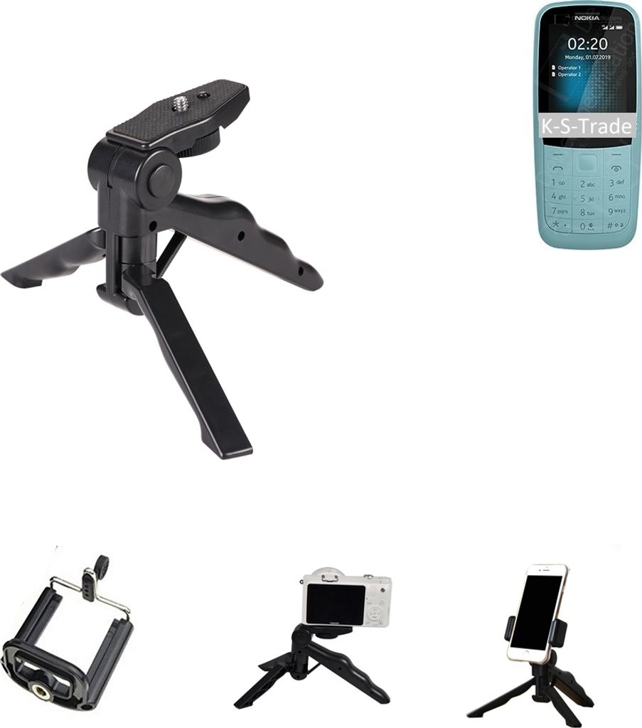 K-S-Trade Stativ Tisch-Ständer Dreibein Handy-Stativ Ständer kompatibel mit Nokia 220 4G Mini-Stativ Smartphone Tripod Handy-Stativ aus Plastik