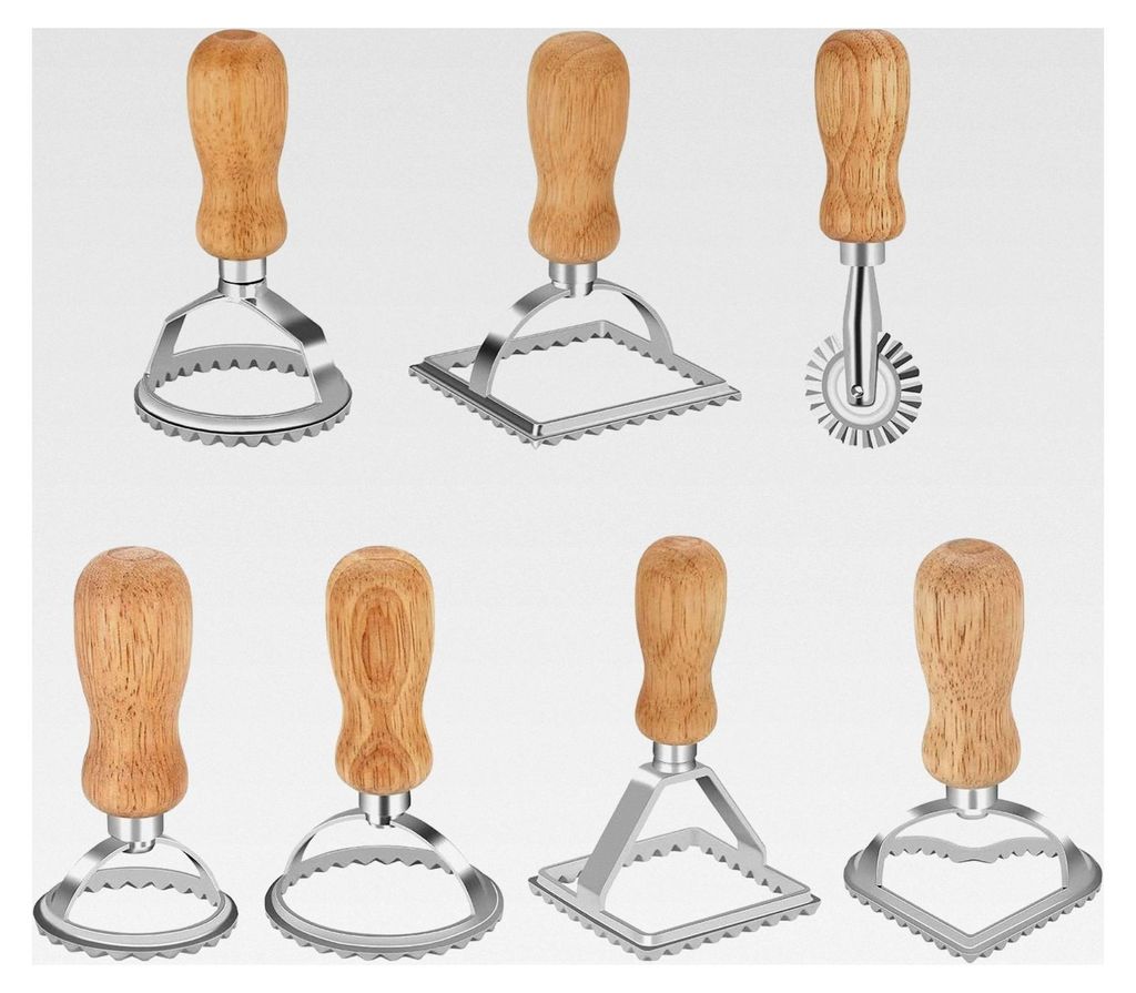 Ravioli Ausstecher Set mit 7 Formen, Edelstahl, quadratische, runde und herzförmige Ausstecher mit Holzgriff und geriffelten Kanten für Ravioli, ...