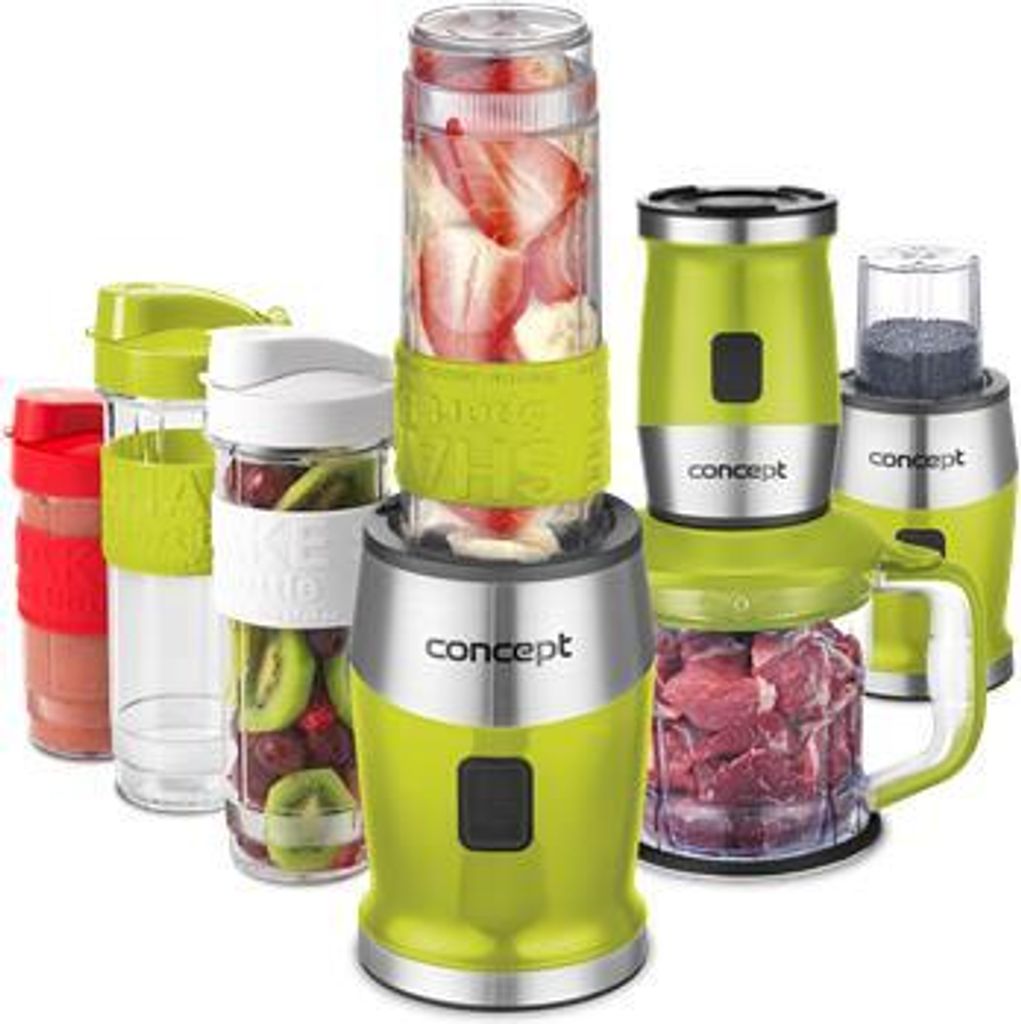 A collection of kitchen appliances, including blenders and cups, with fruits and meat displayed.
