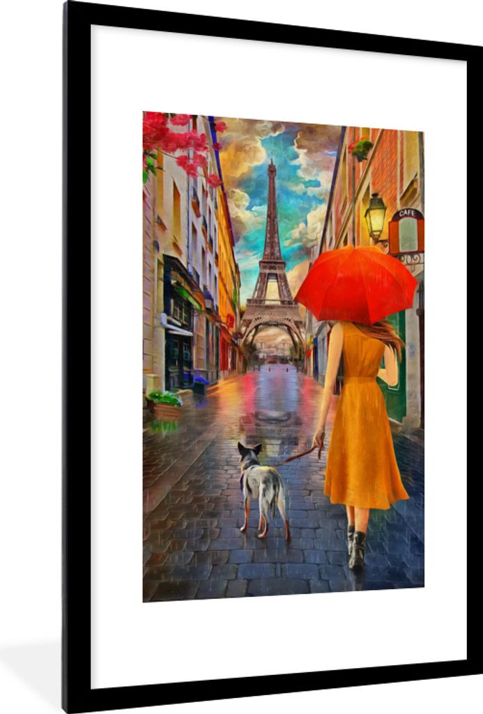 MuchoWow Gerahmtes Poster Gemälde - Ölfarbe - Frau - Hund - Paris 60x90 cm - Poster mit Schwarzem Bilderrahmen Wandposter Rahmen Foto Bilder - ...