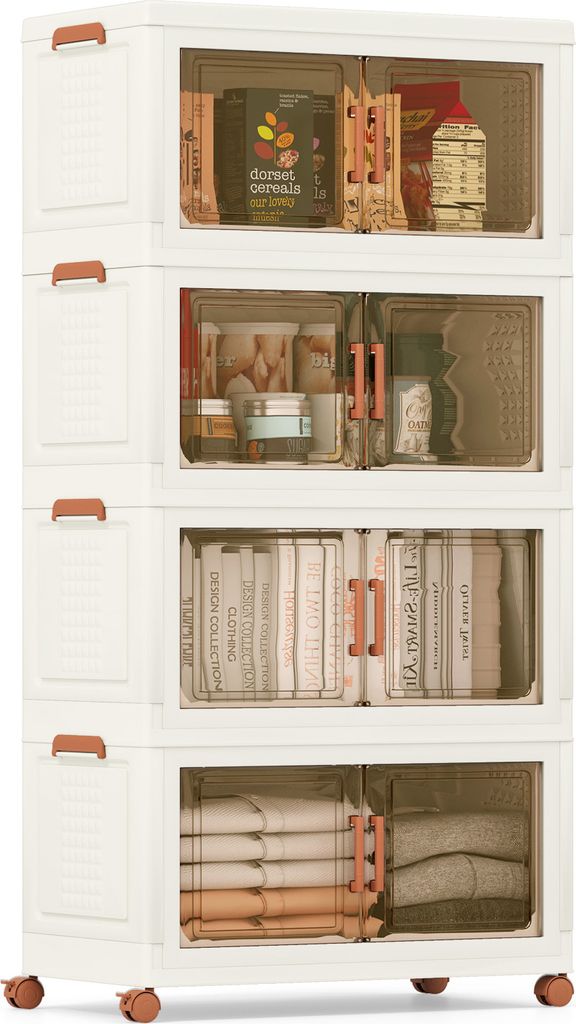 COSTWAY 280L Klappbare Aufbewahrungsboxen mit Deckeln, 4er-Pack stapelbare Aufbewahrungsbehälter mit Rollen, Schrank-Organizer Weiß & Braun