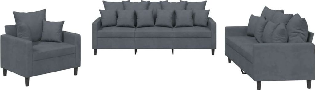 A set of three grey upholstered furniture pieces: an armchair, a sofa, and a loveseat, arranged against a white background.
