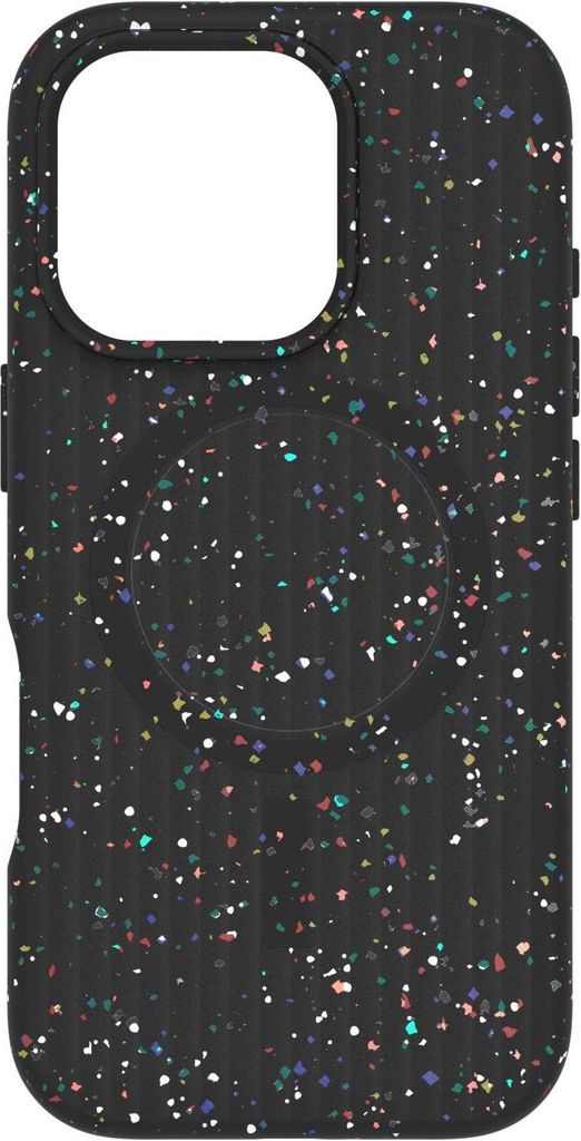 A black phone case with a speckled multicolor pattern.