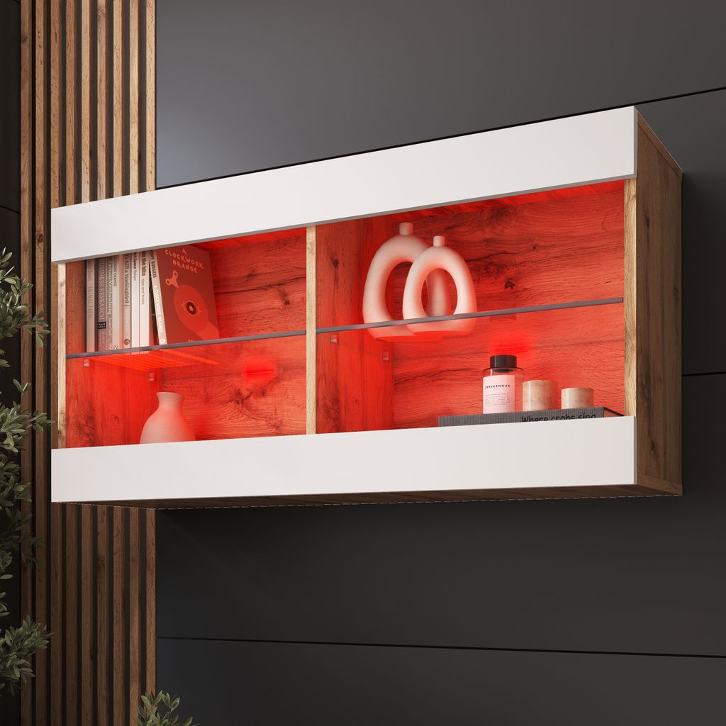Komodee, Hängende Vitrine Schrank Tivoli, Weiß/Wotan, Breite 100cm x Höhe 50cm x Tiefe 29cm, LED RGB, 2 Regalböden, für Wohnzimmer, Schlafzimm...